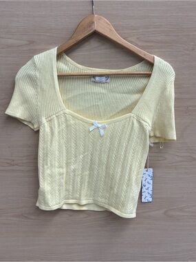 Square Neck Knit Crop Top with Bow in Pale Yellow